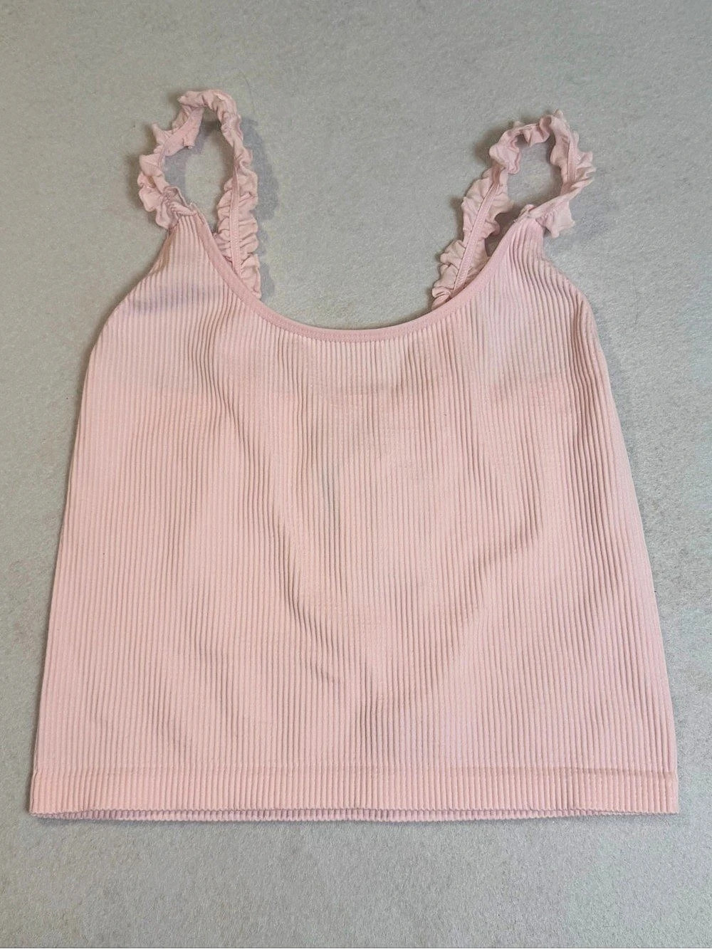Hippie Rose Ruffled Strap Ribbed Cami Tank Top Pink Ribbed Ruffle Strap Tank Top
